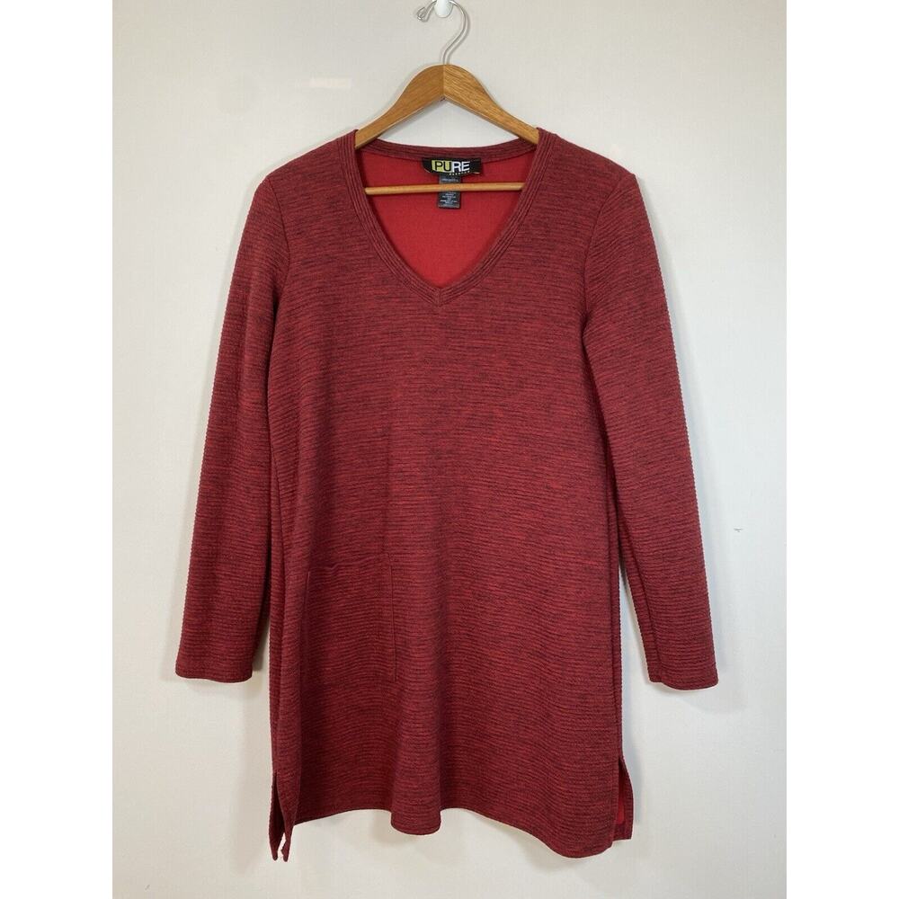 Pure Essence Top Womens Red Textured Long Sleeve Tunic Front Patch Pocket MEDIUM